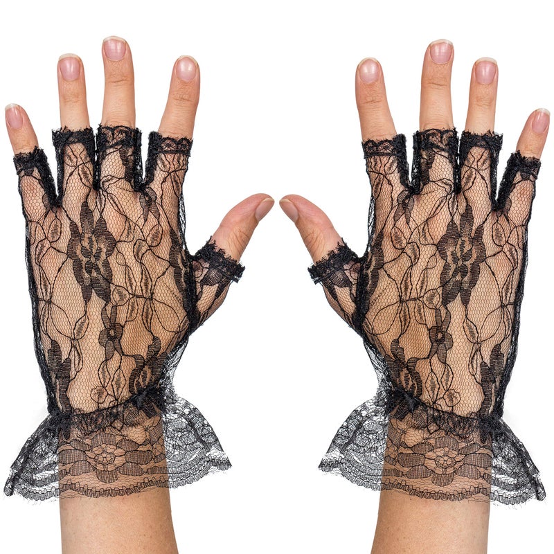 Skeleteen Fingerless Lace Black Gloves - Ladies and Girls Ruffled Lace Finger Free Bridal Wrist Gloves - Image 1
